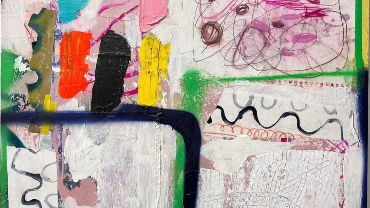 Close up on a plate of mashed potatoes, topped with baked pork chops with cream of mushroom soup, and a side of green beans.